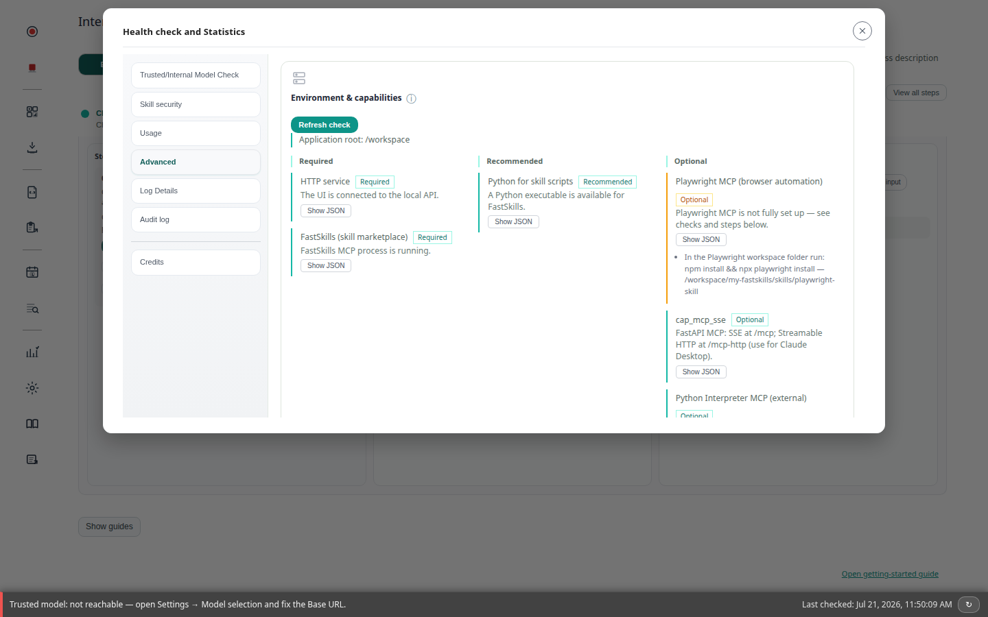 Health check → Advanced environment and capabilities