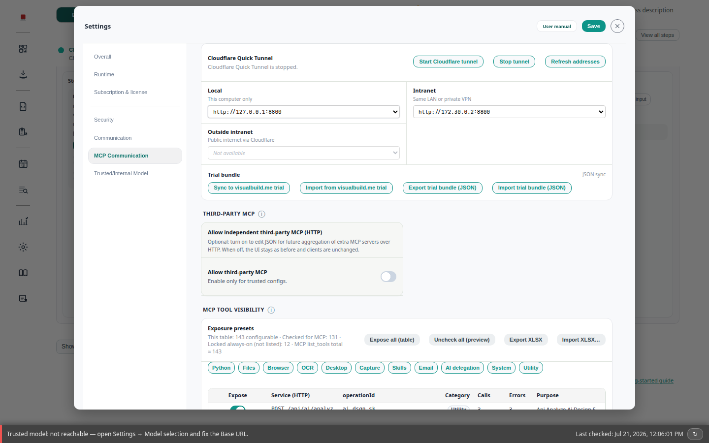 MCP tool visibility checkboxes in Settings