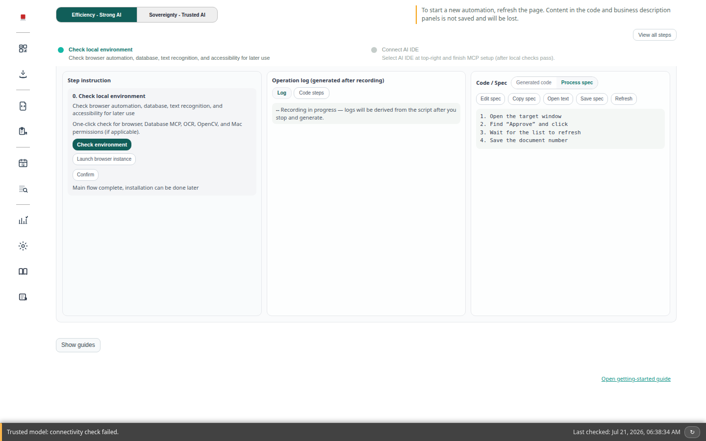Process specification panel
