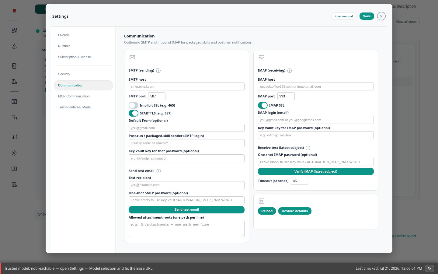 Settings → Communication SMTP and test email
