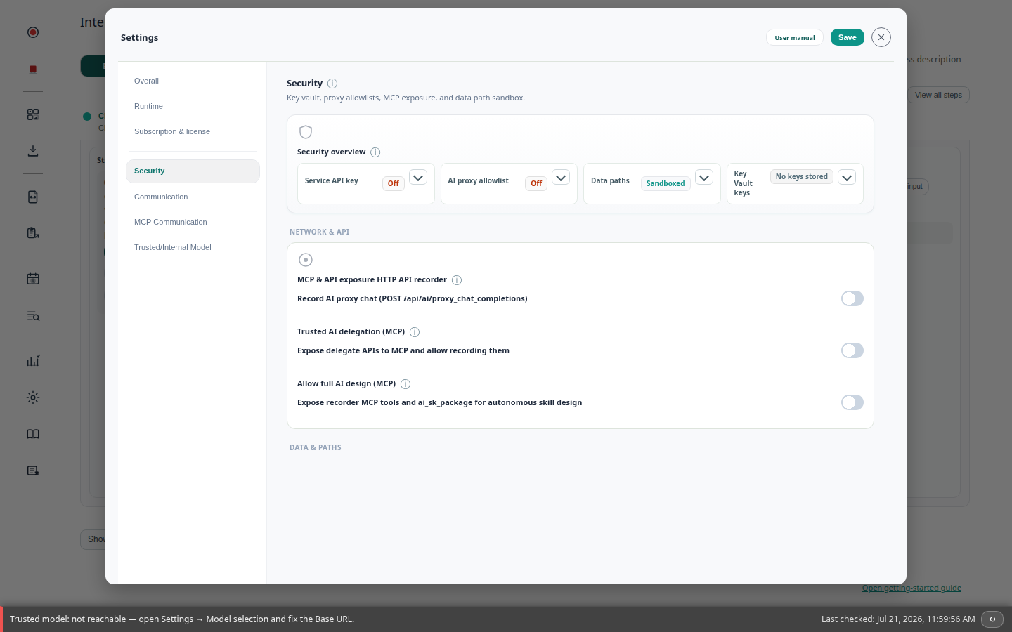 Settings → Security and Key Vault