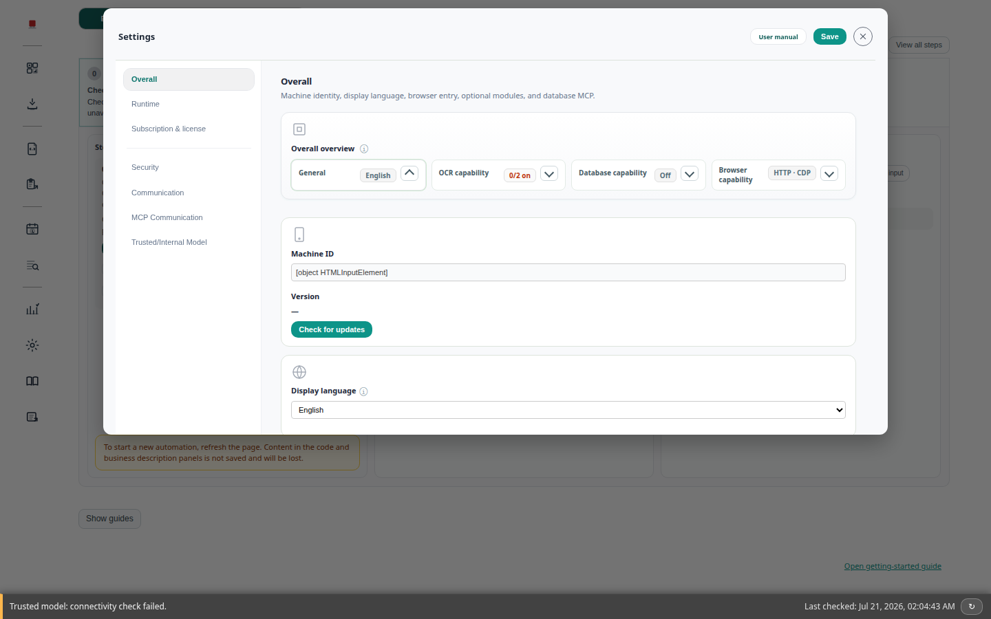 Settings dialog