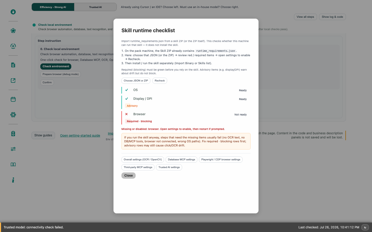 Skill runtime checklist dialog