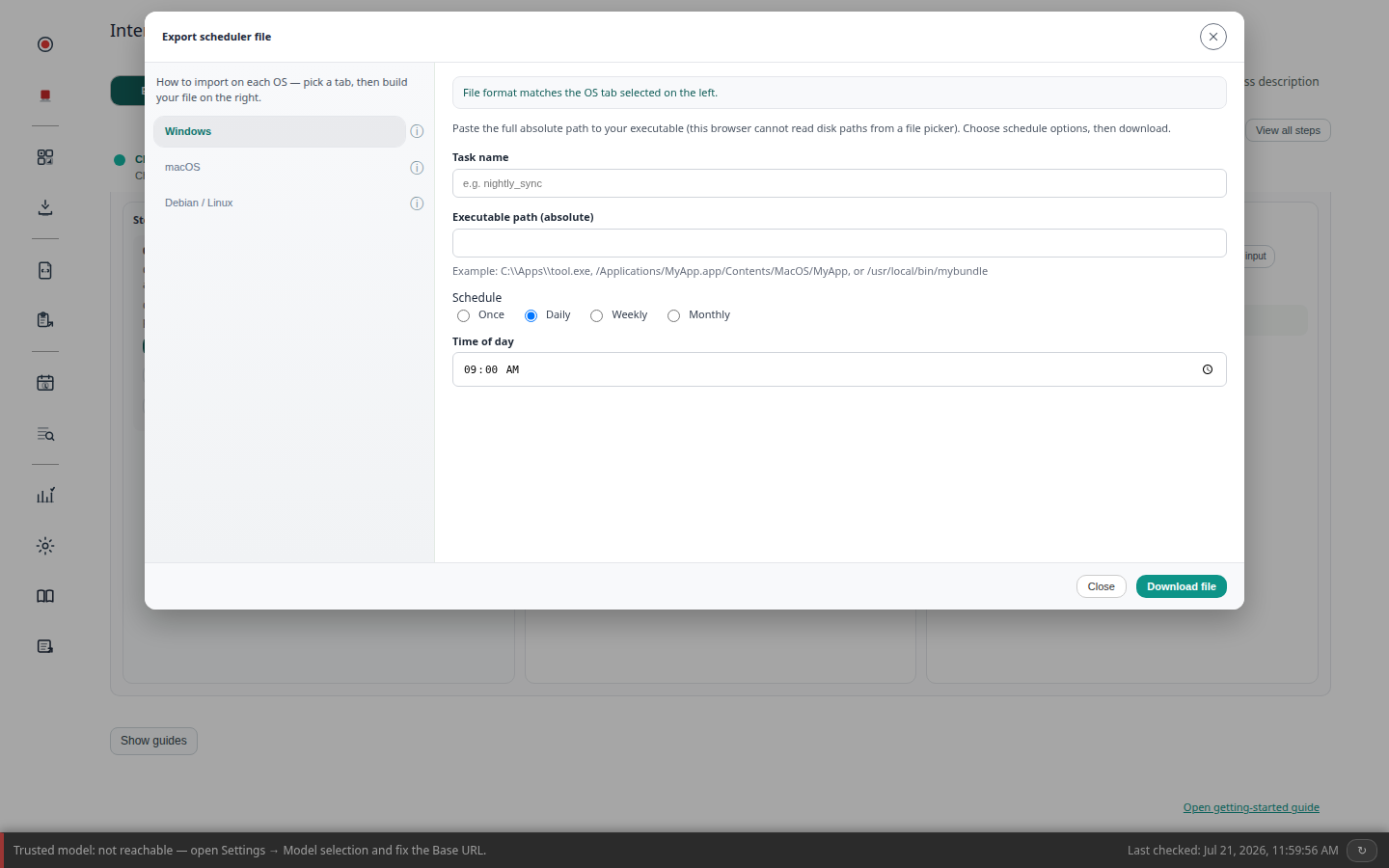 Export OS scheduler file dialog