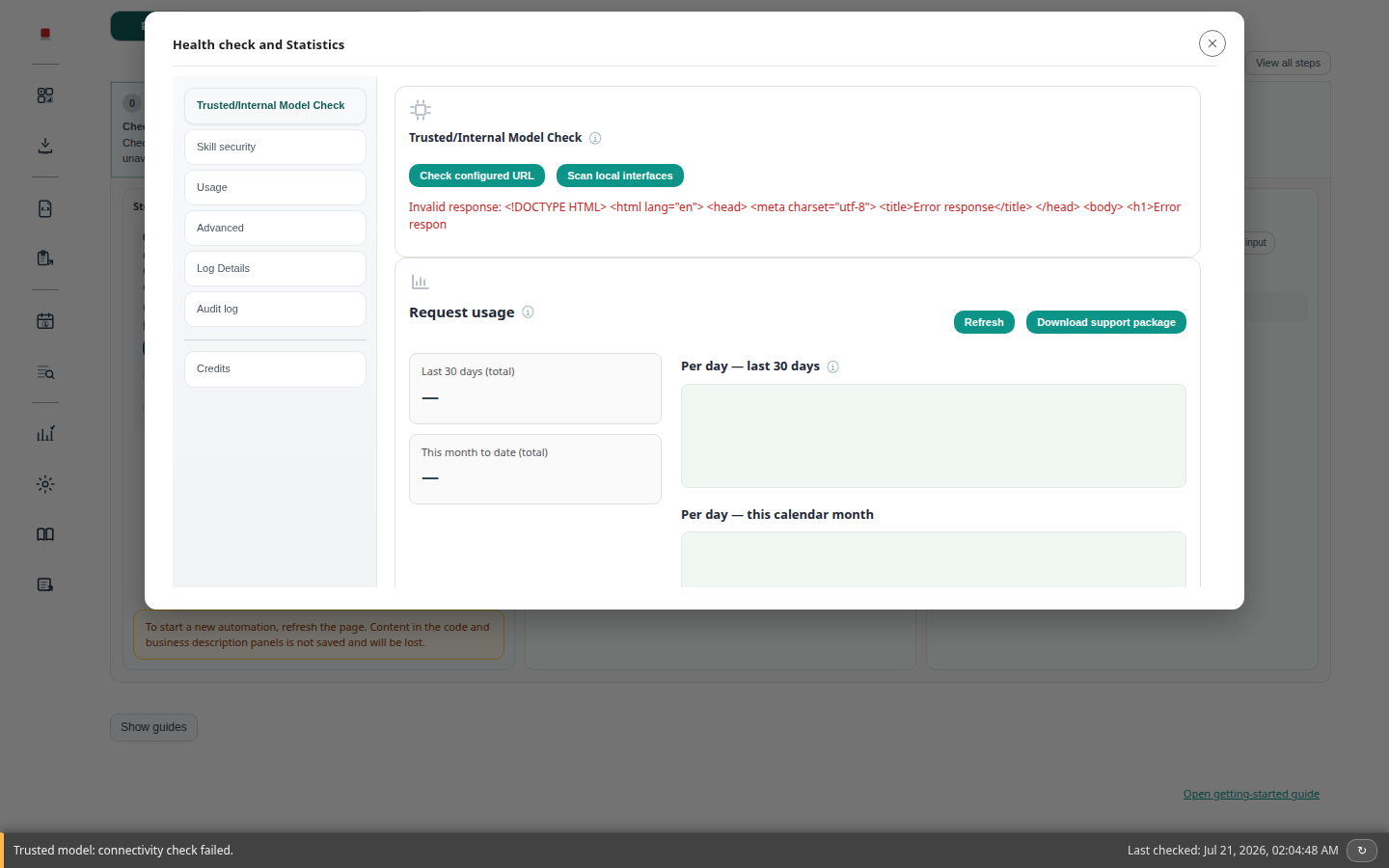 Usage view in Health check and statistics