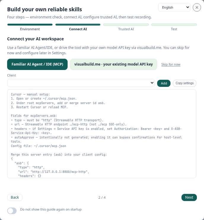 Welcome wizard step 2 — Connect AI workspace