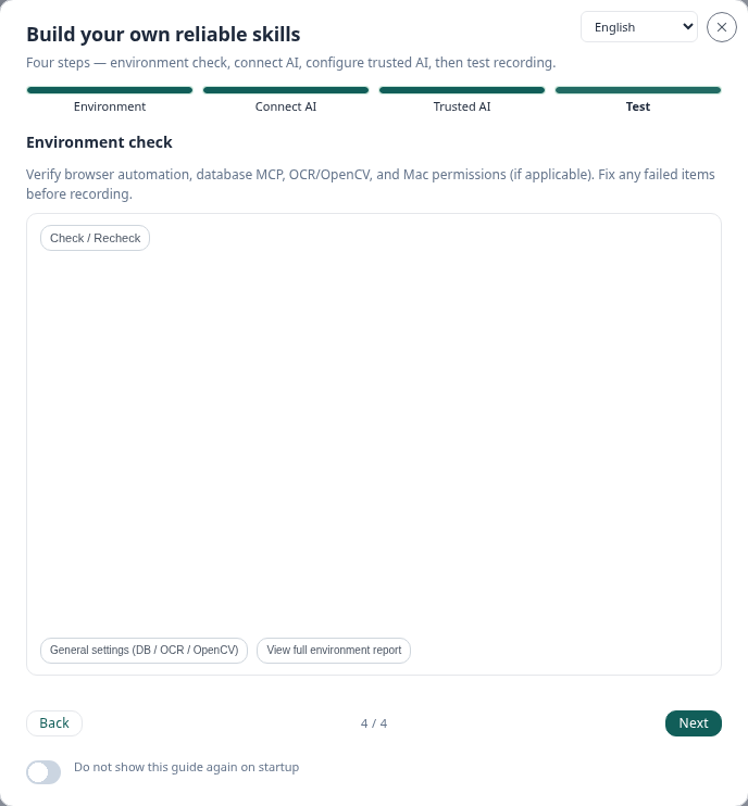 Welcome wizard — environment check
